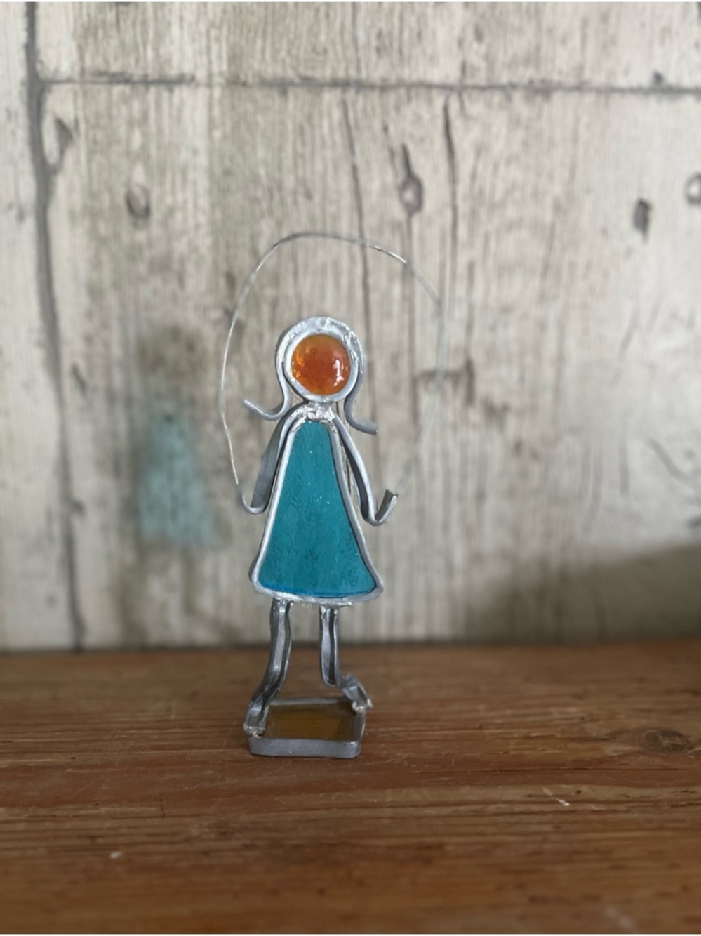 Handmade Stained Glass Girl Figurine - Teal & Amber